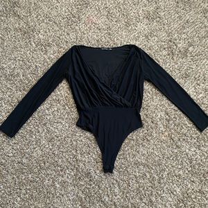 Black long sleeve deep v neck bodysuit